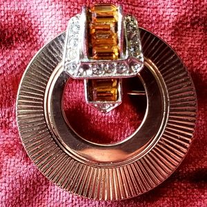 Marcel Boucher Yellow and White Rhinestone Buckle Brooch-missing 4 small stones.